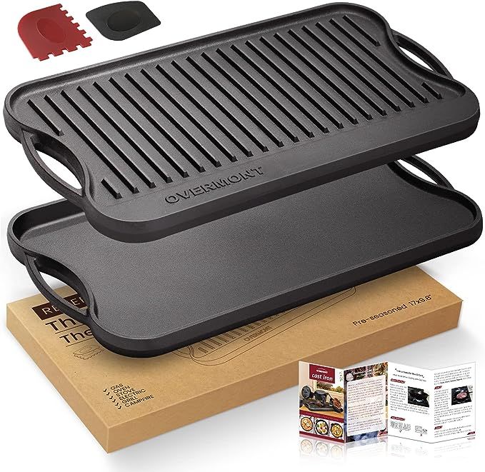 Overmont Pre-seasoned 17x9.8" Cast Iron Reversible Griddle Grill Pan with handles for Gas Stoveto... | Amazon (US)