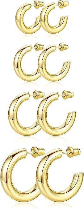 4 Pairs Hoop Earrings for Women, 14K Gold Chunky Open Hoops Thick Earrings Sets Jewelry Girls 20/... | Amazon (US)