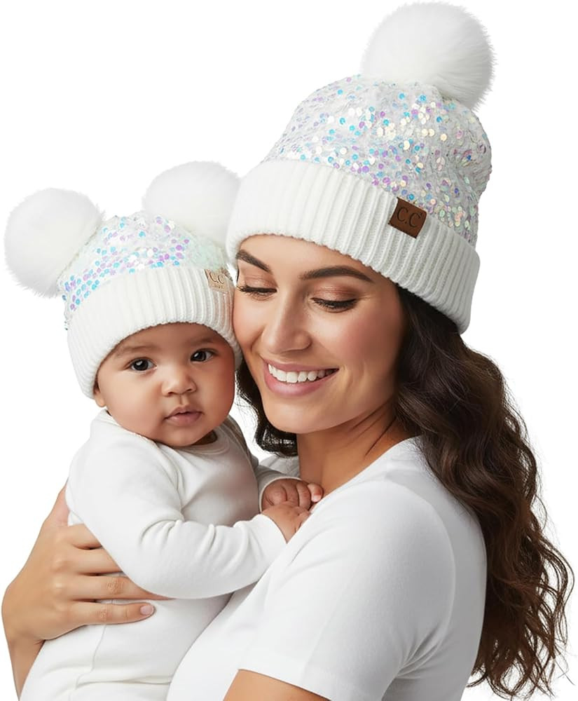 Funky Junque Mommy & Me Matching Double Pom Beanies Set - Adult & Infant (2 Pack) | Amazon (US)