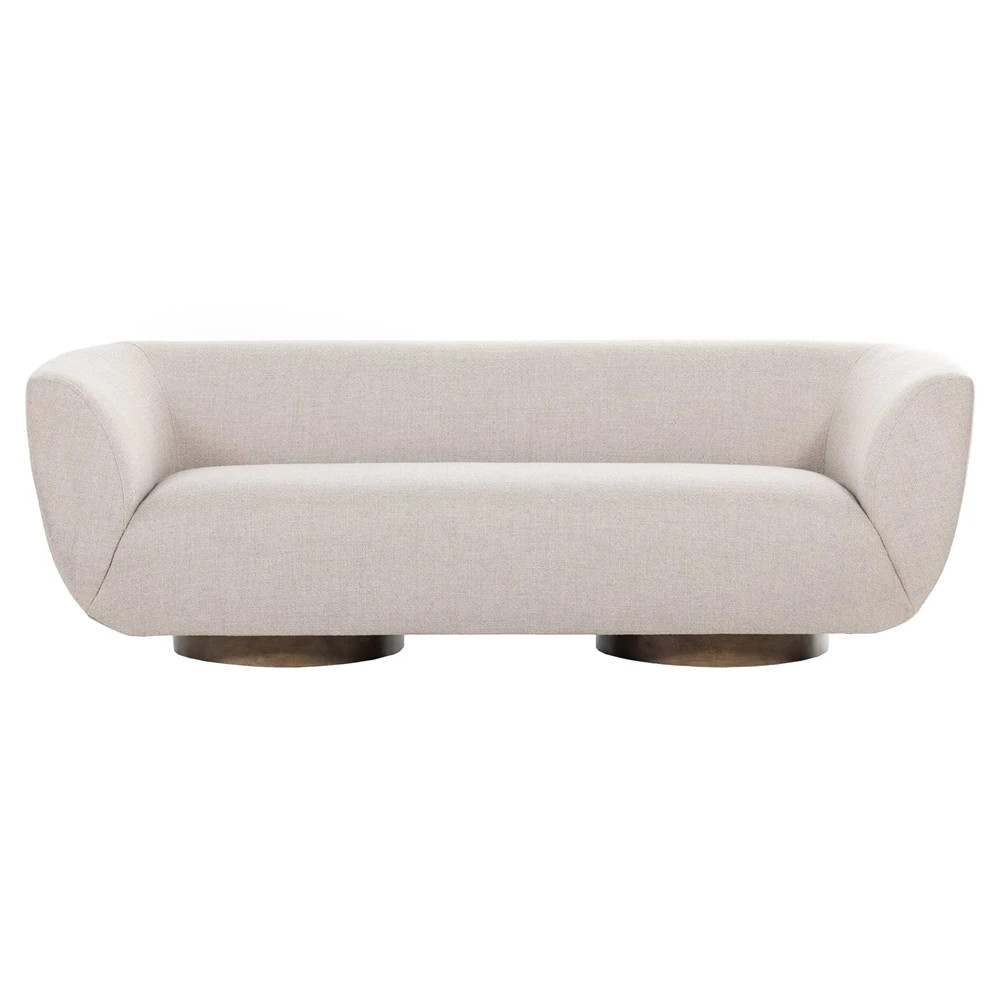 Sabina Modern Classic Beige Performance Brown Wood Base Tight Back Sofa - 87"W | Kathy Kuo Home