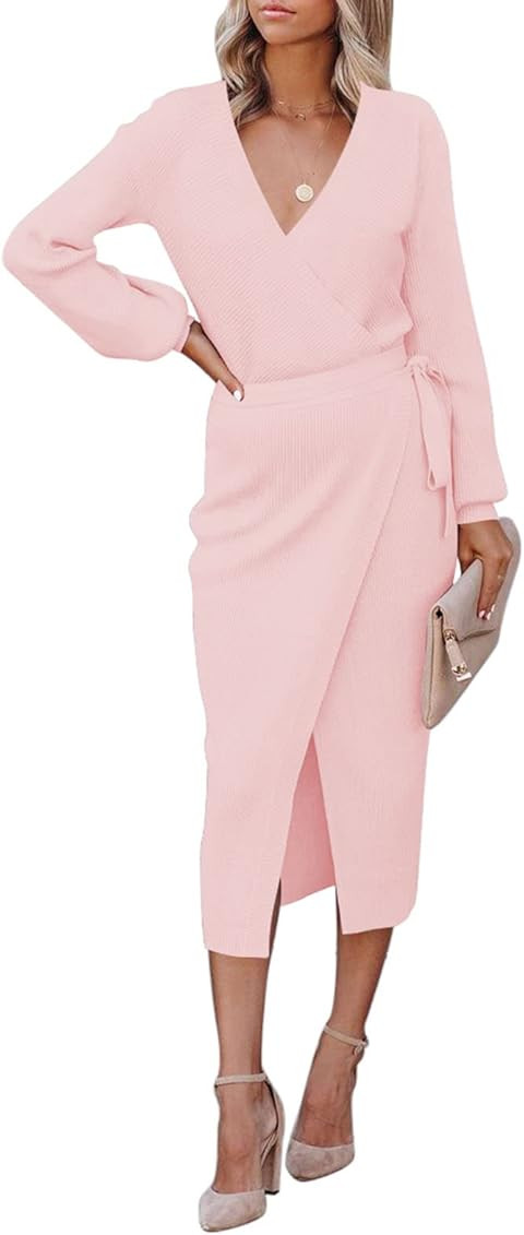 Meenew Women's Wrap Sweater Dress Slit Front Tie Waist Long Sleeve Bodycon Dress | Amazon (US)