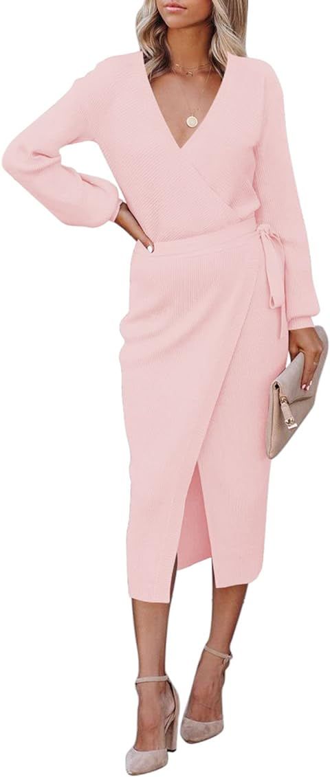 Meenew Women's Wrap Sweater Dress Slit Front Tie Waist Long Sleeve Bodycon Dress | Amazon (US)