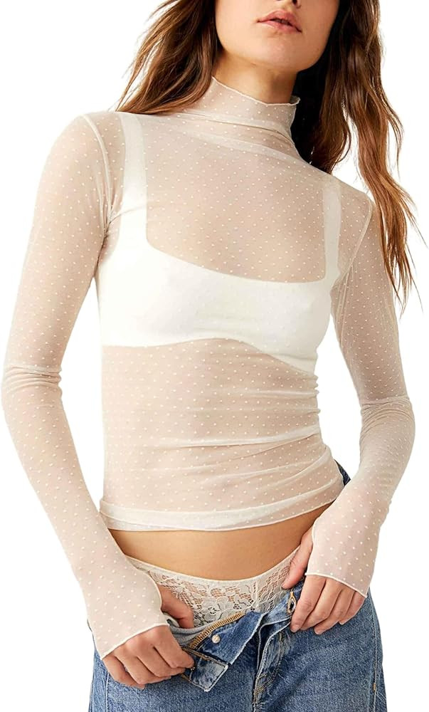 KMBANGI Women's Mesh Lace Long Sleeve Top Mock Neck Sheer Blouse Floral Lace Layering Tops Y2k Se... | Amazon (US)