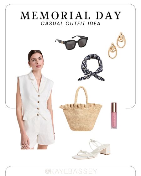 Memorial Day outfit idea, holiday outfit summer outfits - linen tailored vest, linen shorts, straw bag, white heeled sandals, minimal accessories #memorialday #holiday #summer #summeroutfits #travel 

#LTKstyletip #LTKSeasonal #LTKworkwear