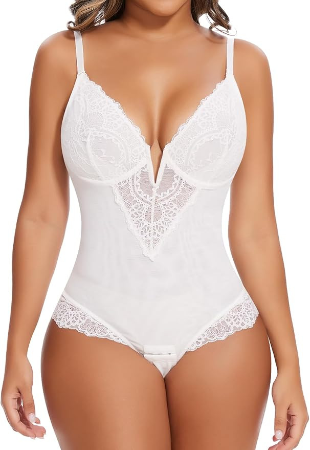 SHAPERIN Sexy Lace Shapewear Bodysuit Women's Sleeveless V Neck Tummy Control Backless Thong Tank... | Amazon (US)