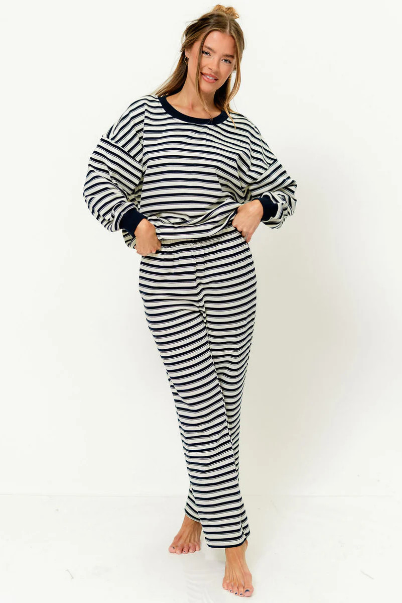 Rudie Sweatshirt and Sweatpants Set in Cream/Navy Stripe | Worth Collective