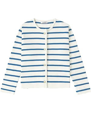 Women's Striped Cardigan Sweater Trendy Long Sleeve Button Down Crewneck Knit Cardigans | Amazon (US)