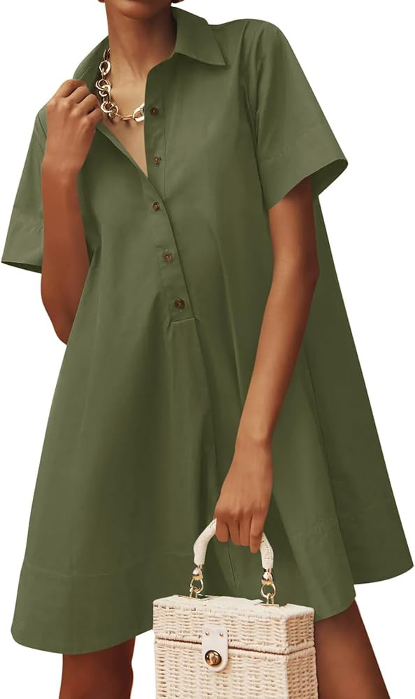 Wenrine Womens Oversized Shirt Button Mini Dress Short Sleeve Casual Collared V Neck Summer Flowy... | Amazon (US)