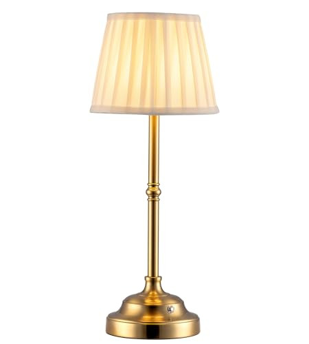 KDG Portables Cordless Table Lamp, Fabric Shade Desk Lamp, 4000mAh Rechargeable Battery Powered Lighting, Dimmable Light for Dining Room, Bedroom, Bedside, Bar, Night Light, Camping, Balcony (Gold) | Amazon (US)