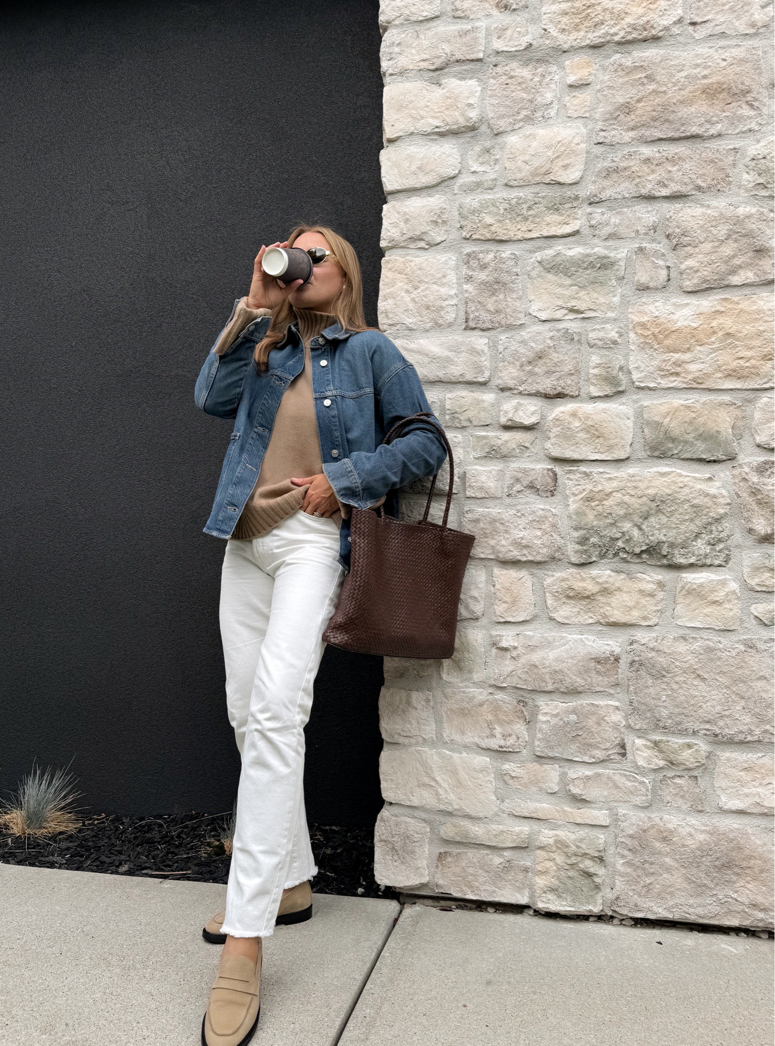 Effortless fall outfit with ecru jeans, suede loafers, denim chore jacket, cashmere turtleneck, woven leather tote bag. Easy fall style from my fall capsule wardrobe. 

#LTKShoeCrush #LTKFallSale #LTKSeasonal