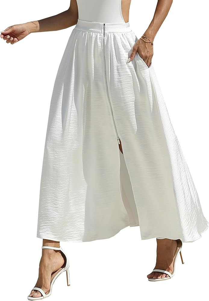 Zip Wrap Skirt with Pockets Elastic Waist Slit Satin Maxi A-Line Flowy Skirt Formal Work Wedding ... | Amazon (US)