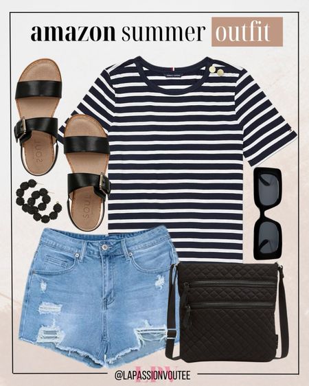 Step into summer with this chic outfit: denim shorts, a striped tee, raffia hoop earrings, stylish sunglasses, a crossbody bag, and comfy slide sandals. Perfect for sunny days and casual outings!

#LTKSeasonal #LTKFindsUnder100 #LTKStyleTip