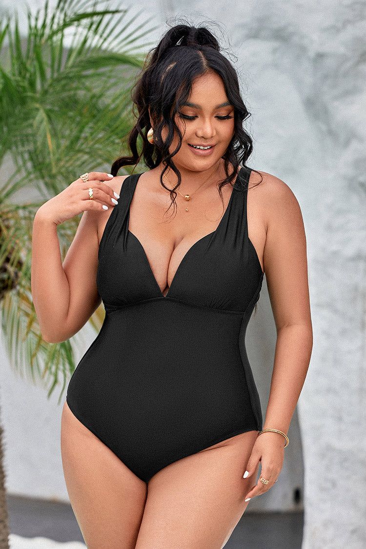 Summer Of Love Black Plunge Tummy Control Black Plus Size One Piece | Cupshe US