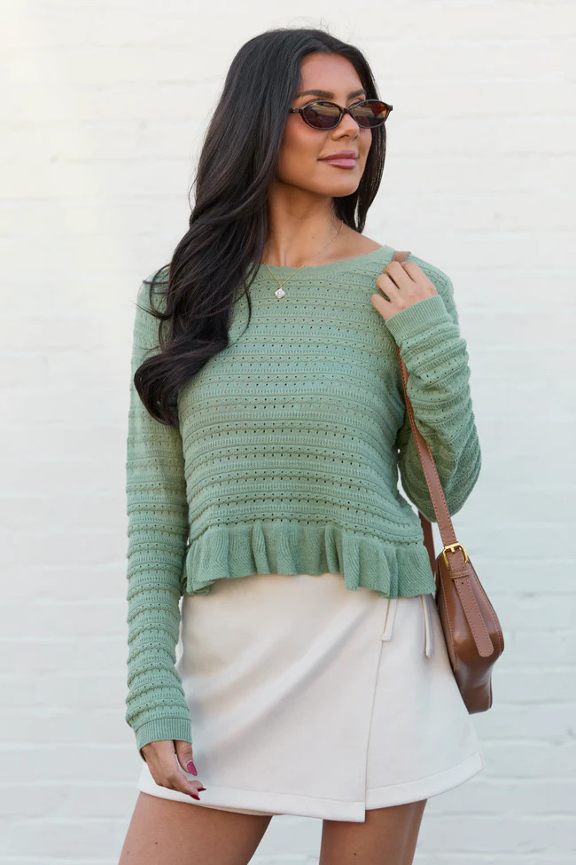 Charlotte Sage Green Open Knit Ruffle Trim Sweater | Pink Lily