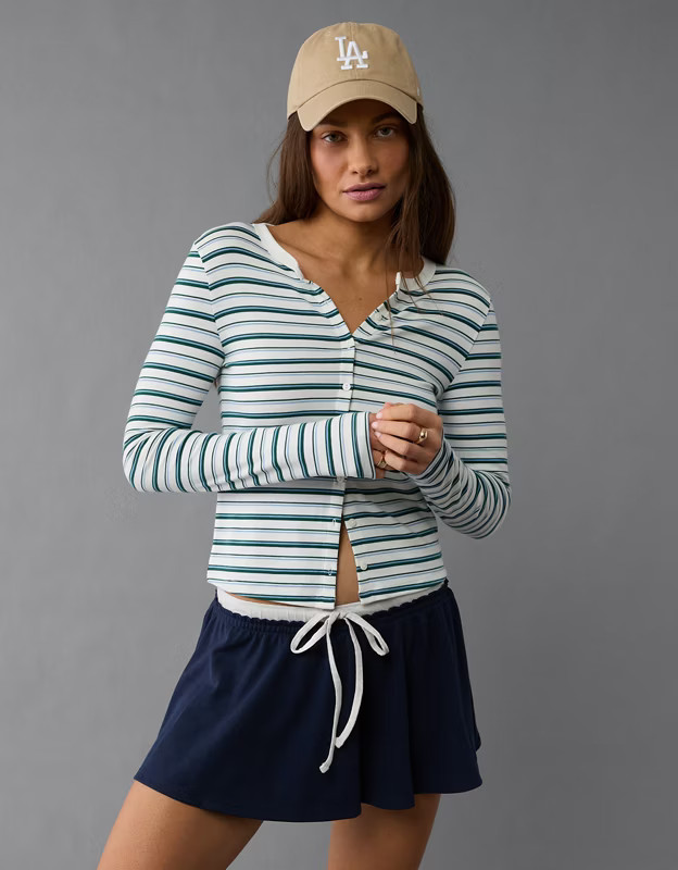 AE Long-Sleeve Button-Up T-Shirt | American Eagle Outfitters (US & CA)