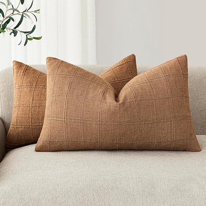 Foindtower Set of 2 Decorative Linen Check Throw Pillow Covers Neutral Farmhouse Lumbar Cushion C... | Amazon (US)
