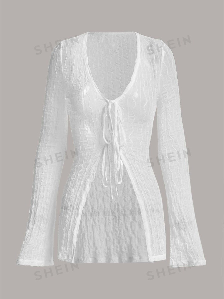 SHEIN ICON Bell Sleeve Tie Front Textured Sheer Top | SHEIN