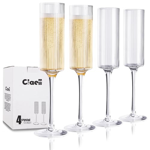 Ciaell Champagne Flutes Set of 4 - Vintage Ribbed Crystal Hand Blown Champagne Glasses With Long Stem - Elegant Sparkling Wine Stemware - Unique Gift for Birthday, Wedding, Anniversary & Daily Use | Amazon (US)