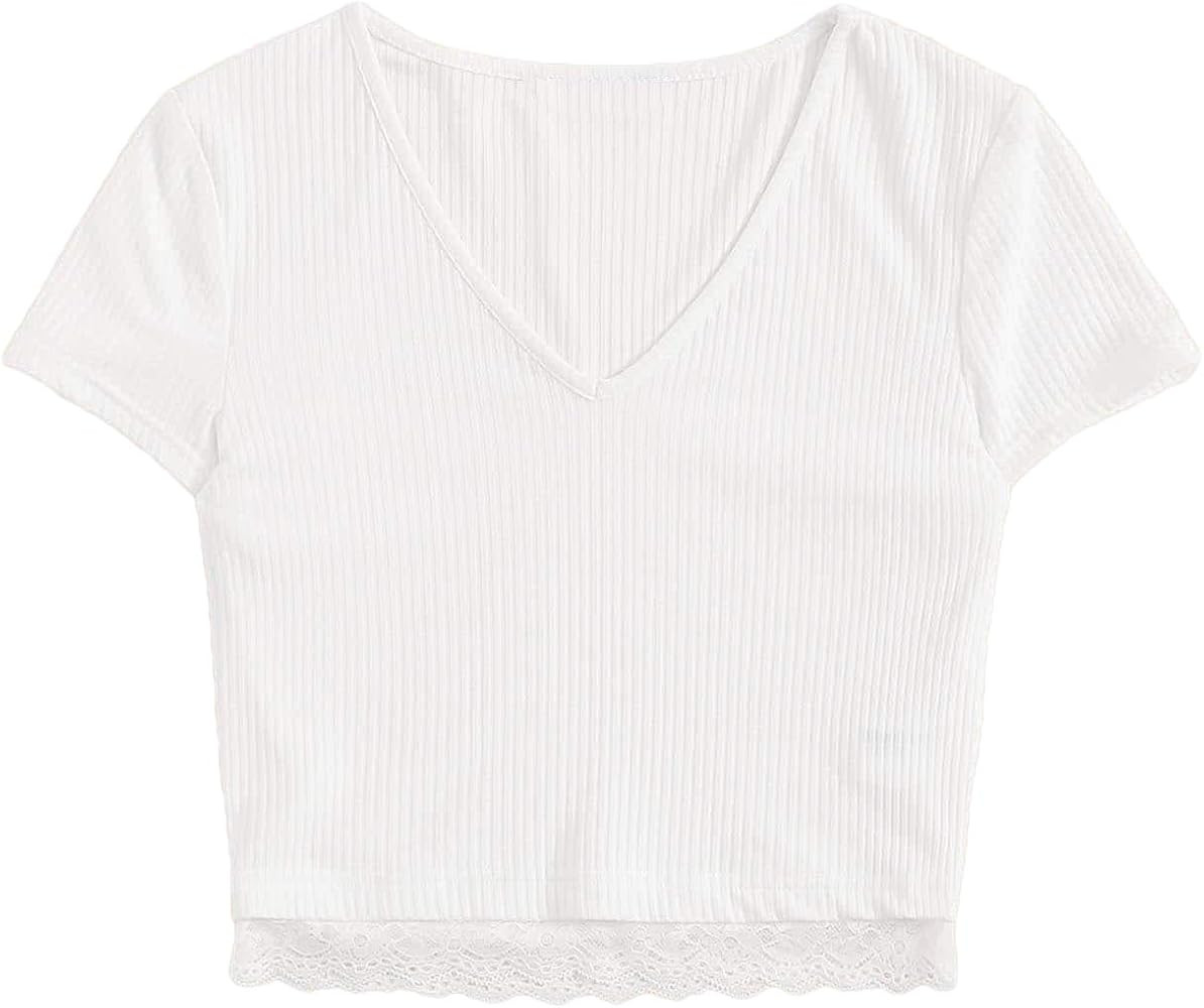 SweatyRocks Women's Sexy V Neck Lace Hem Ribbed Knit Tee Shirt Crop Top | Amazon (US)