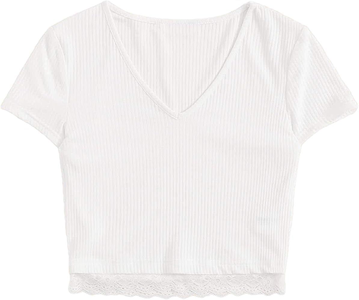 SweatyRocks Women's Sexy V Neck Lace Hem Ribbed Knit Tee Shirt Crop Top | Amazon (US)