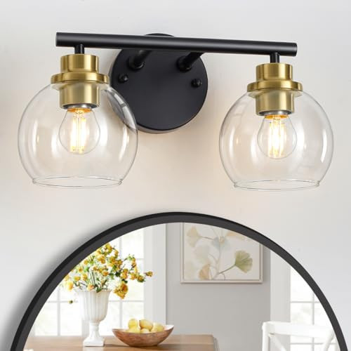 TOULMJ Black Gold Bathroom Light Fixtures Over Mirror, Mid Century Modern Bathroom Vanity Light Fixtures, Clear Globe Bathroom Lighting Fixtures Indoor Wall Sconces | Amazon (US)