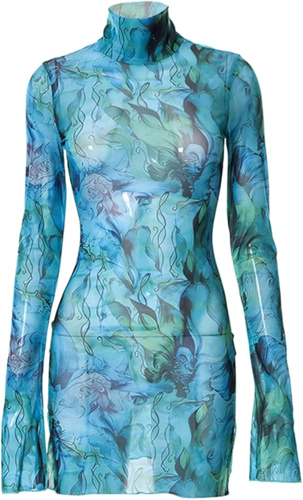 DAOLUAN Women Mesh Sheer Dress, Summer Slim Flower Print Long Sleeve Mock-Neck Mini Short Side Sl... | Amazon (US)
