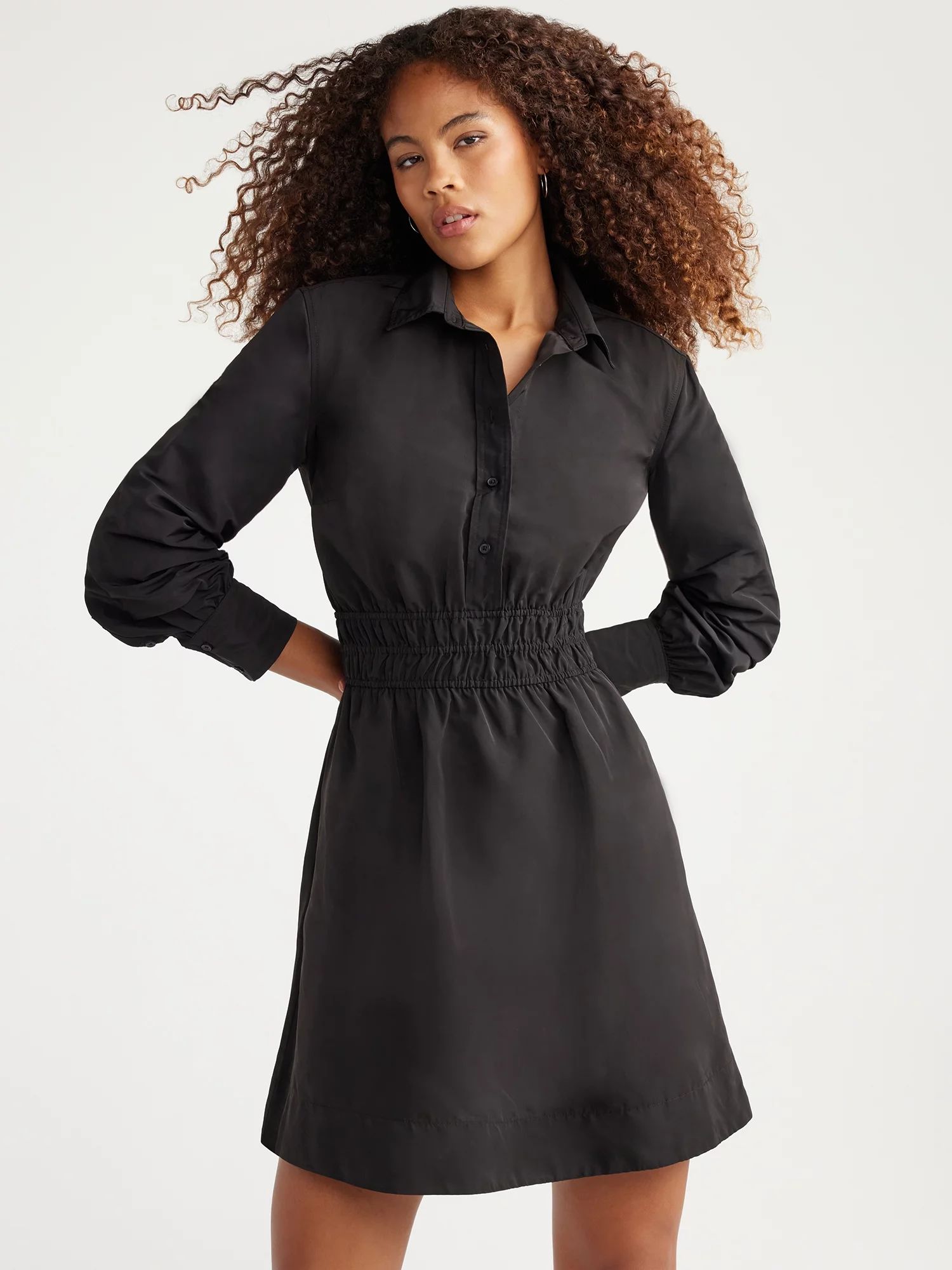 Free Assembly Women's Smocked Waist Mini Shirt Dress with Long Sleeves, XS-XXXL | Walmart (US)