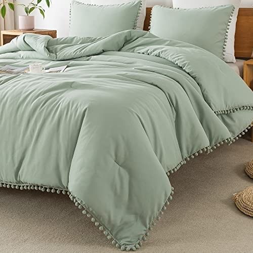 Litanika Sage Green Pom Pom Fringe Comforter King(104x90 Inch), 3 Pieces(1 Comforter and 2 Pillow... | Amazon (US)