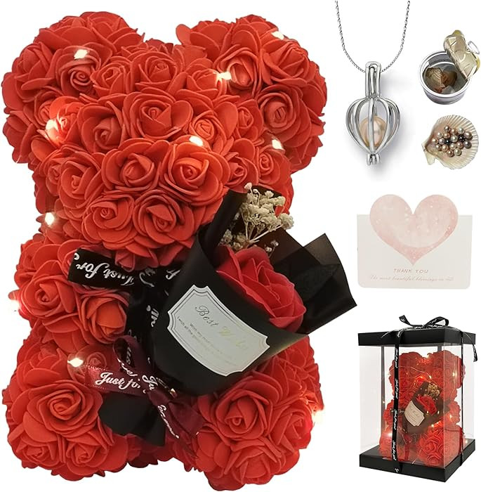 Romantic Valentines Day Gift for Her, Artificial Flowers Necklace Rose Teddy Bear with Real Pearl... | Amazon (US)
