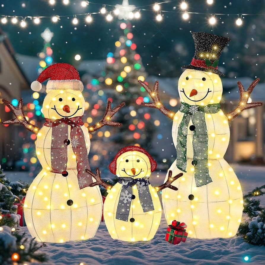 43" Snowman Lighted Outdoor Christmas Decorations, 3D Pre-Lit Snowman Family Set with 200 LEDs, W... | Amazon (US)