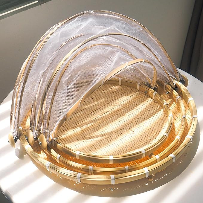 Set 3 Pcs Bamboo Food Serving Tent Basket - Bamboo Fruit Basket With Cover Outside Mesh Dustproof... | Amazon (US)