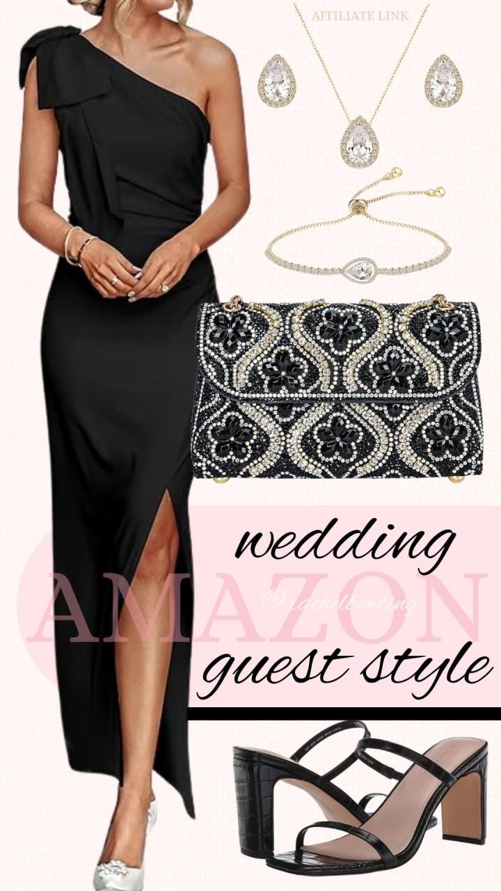 Wedding Ready 🥂✨ This Amazon look has everything you need—an elegant black dress, sparkling jewelry, a chic clutch, and  heels. Perfect for dancing the night away while looking effortlessly classy. 🖤 #AmazonFinds #WeddingGuestStyle #Amazon
