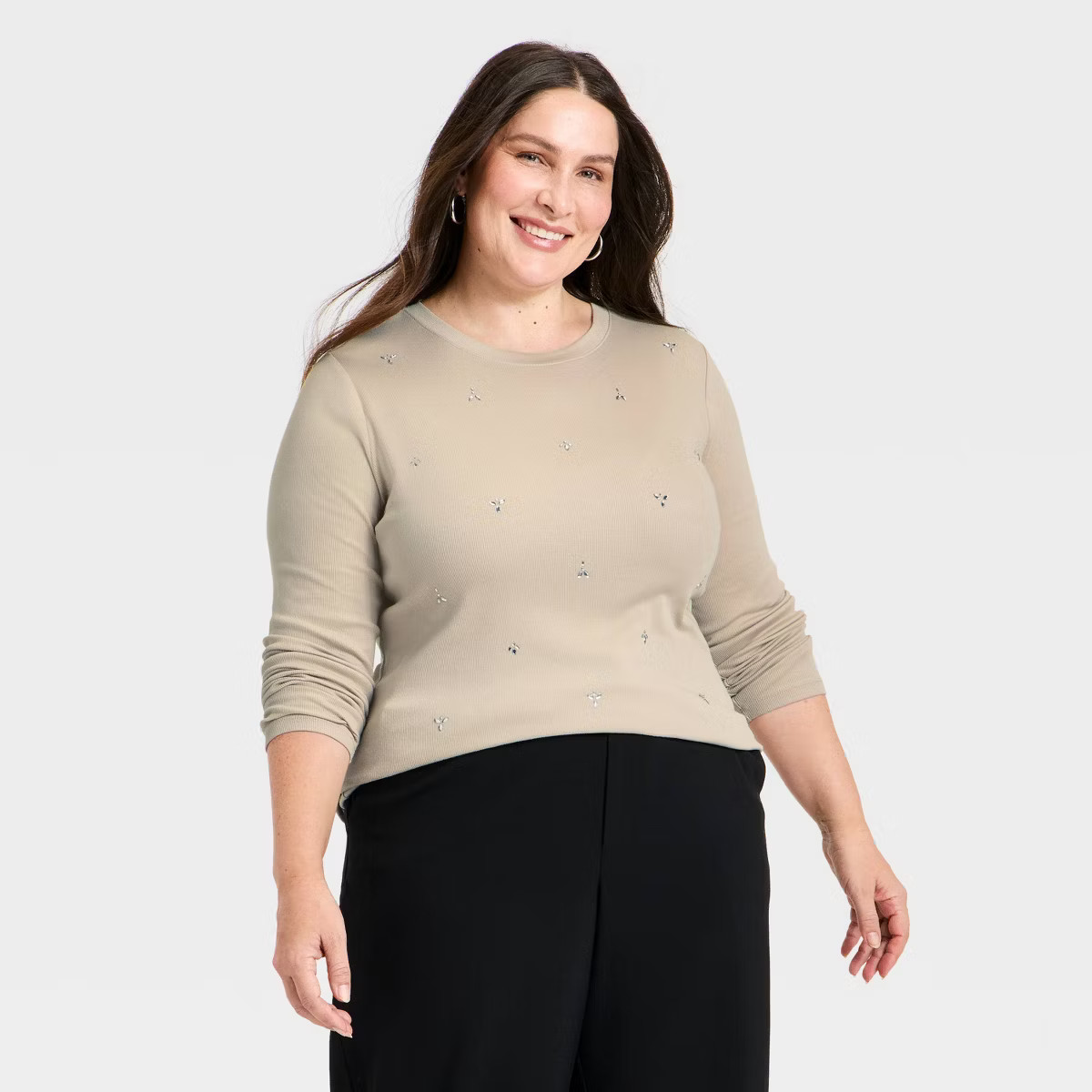 Women's Slim Fit Long Sleeve Embellished Ribbed Top - A New Day™ | Target