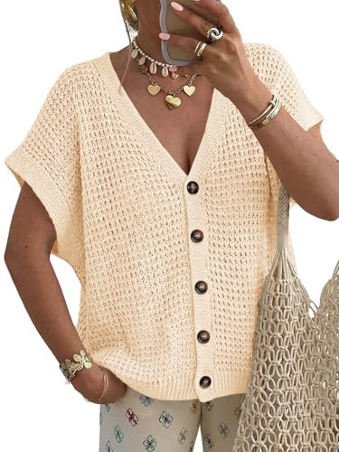 Fisoew Women's Short Sleeve Crochet Cardigans Sweater Tops Summer Button Down V Neck Casual Knit Hollow Out Beach Cover Ups Apricot | Amazon (US)