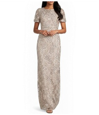 R M Richards Embroidered Soutache Sequin Mesh Round Neck Short Sleeve Gown - 6 | Dillard's
