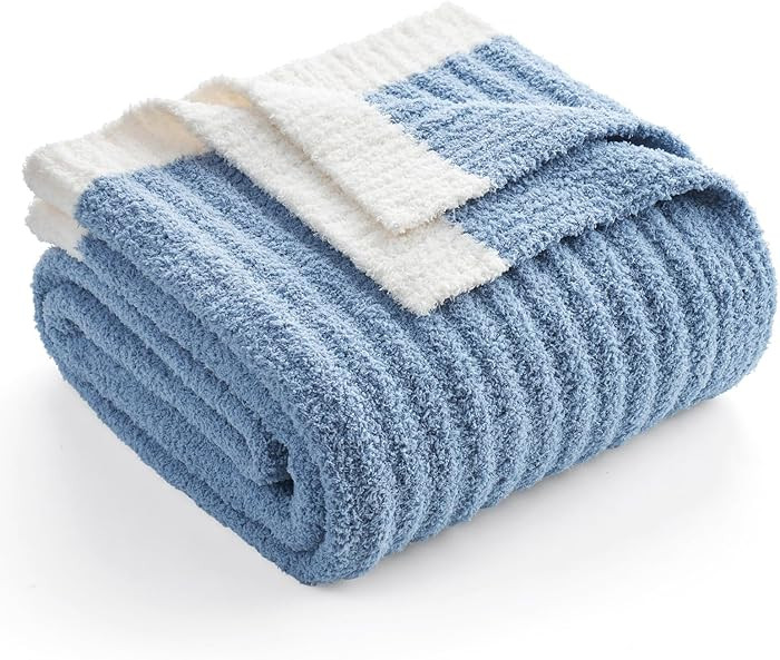 Snuggle Sac Ribbed Blue Throw Blanket for Couch, Microfiber Knit Stripe Throws, Soft Fuzzy Blanke... | Amazon (US)