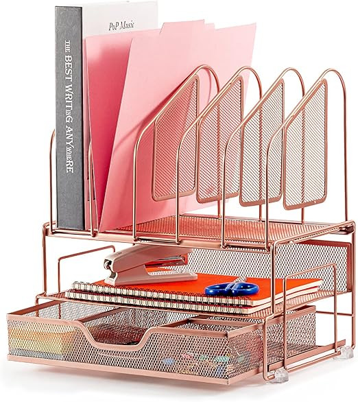Beiz Rose Gold Desk Organizer with Storage Drawer, 2 Paper Tray & 5 Upright Slots File Folder Hol... | Amazon (US)