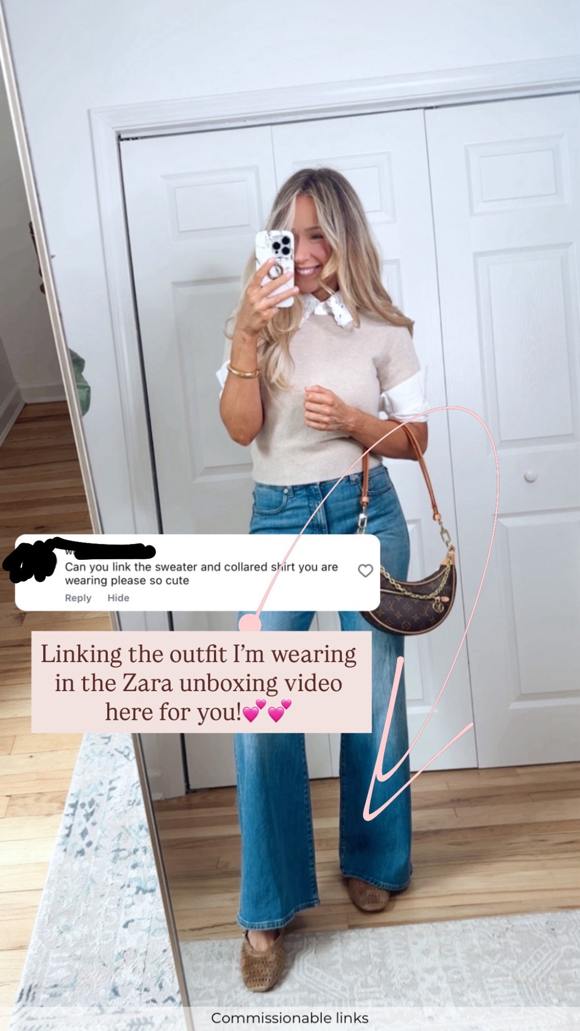 Casual spring outfit

Collared shirt and sweater combo
Wide leg jeans
Preppy outfit 