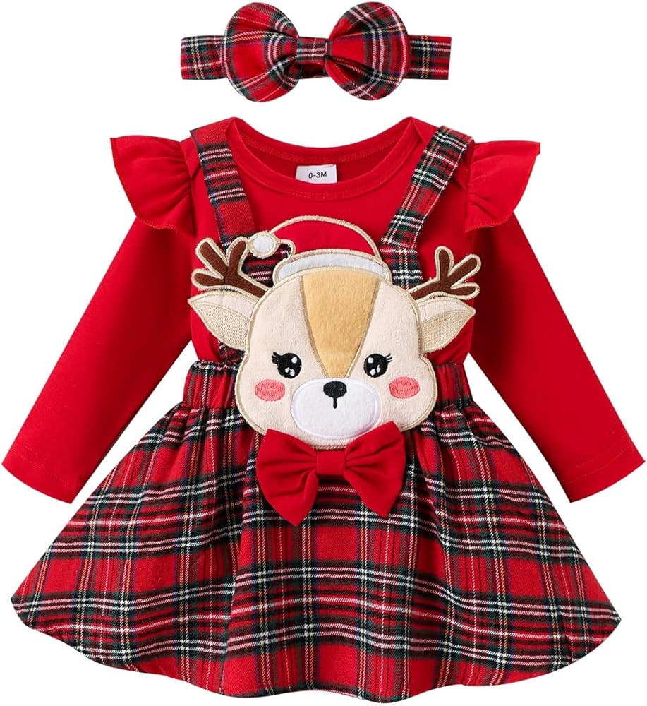 Baby Girl Christmas Clothes Fall Outfit Long Sleeve Romper Suspenders Skirt Overalls Headband 3 P... | Amazon (US)