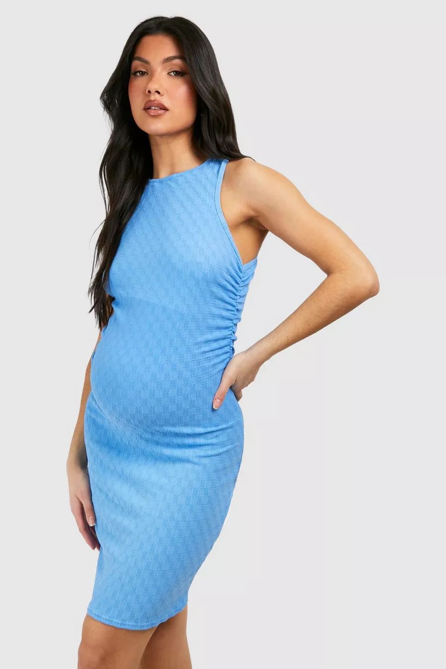 Maternity Racer Neck Textured Ruched Side Mini Dress | boohoo (US & Canada)