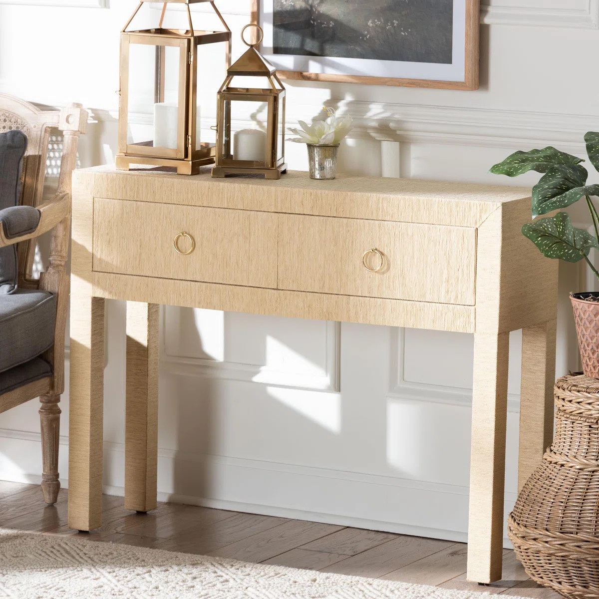 Bali & Pari Noah Grasscloth 2-Drawer Console Table - Woven Texture Entryway Table With Gold Ring ... | Wayfair North America