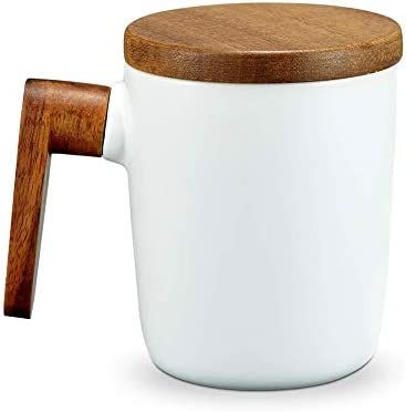 Coffee Mug Coffee Tea Cup Wood Handle and Lid Ceramic Cup, Hot and Cold Drinks Mug 12oz Birthday ... | Amazon (US)