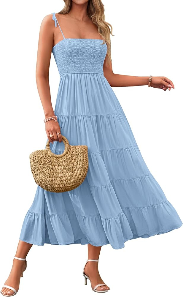 PRETTYGARDEN Womens Casual Spaghetti Straps Sleeveless Smocked Tiered Fit And Flared Bohemian Flo... | Amazon (US)