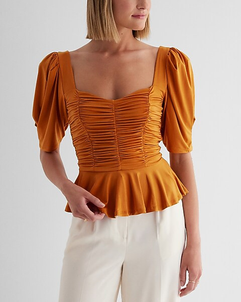 Puff Sleeve Ruched Peplum Top | Express