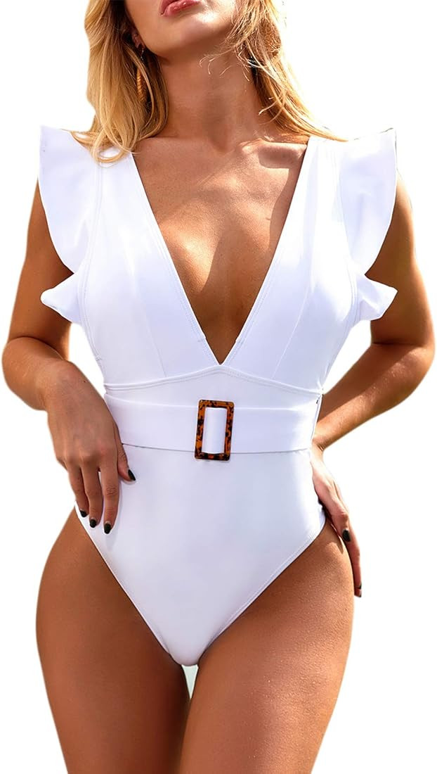 JASASCCEL Women Ruffles Flounce One Piece Swimsuit Sexy Deep V Neck Plunge Bathing Suit Monokini ... | Amazon (US)