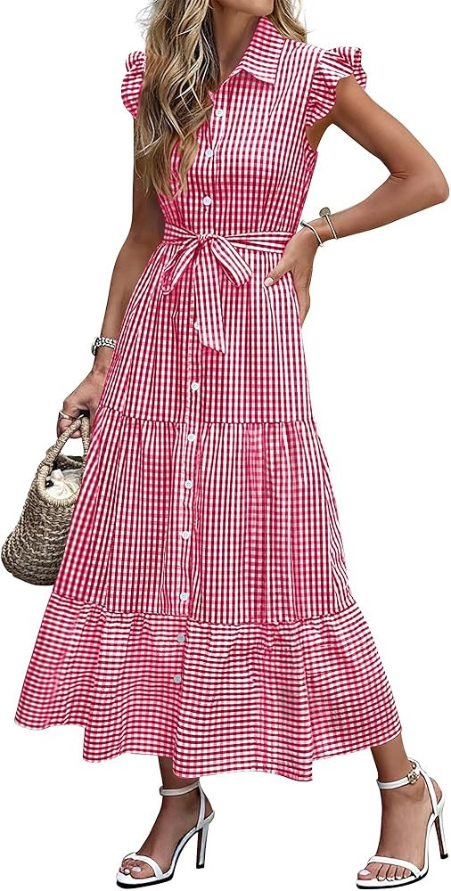 Caracilia Womens Summer Casual Ruffle Cap Sleeve Maxi Dress Button Down Striped Plaid Tie Waist V... | Amazon (US)