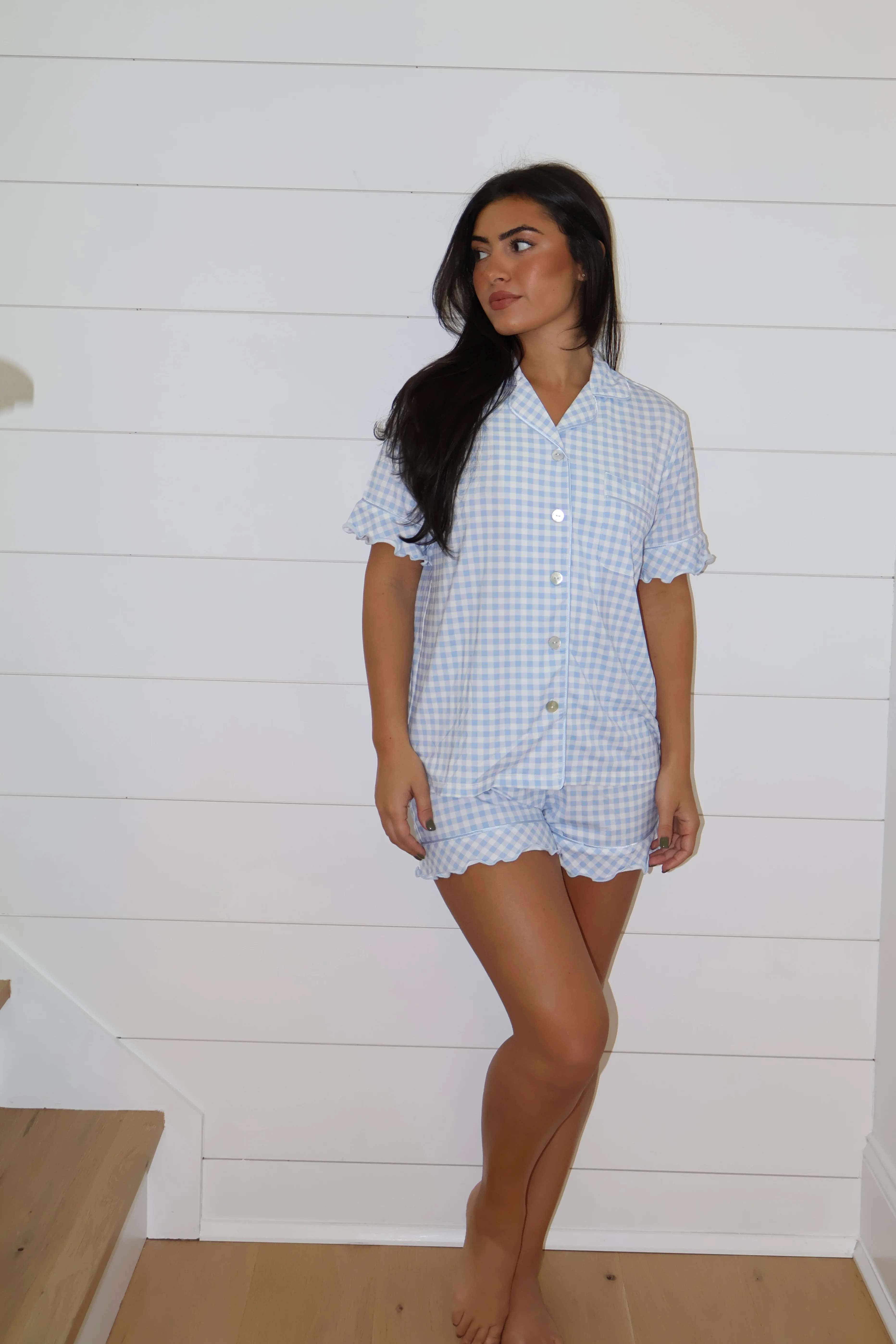 Ruffle Bamboo Short Set in Blue Gingham | waverles