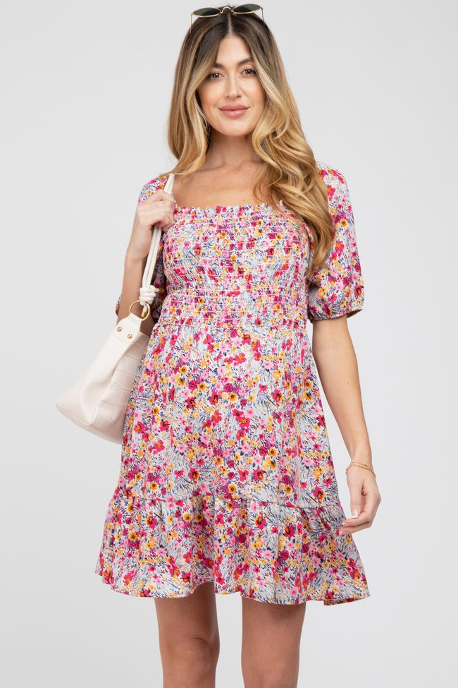 Fuchsia Floral Smocked Maternity Mini Dress | PinkBlush Maternity