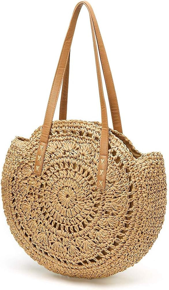 Kerykwan Women Round Natural Straw Tote Bag Hobo Shoulder Bag Handwoven Handbag Purse… | Amazon (US)