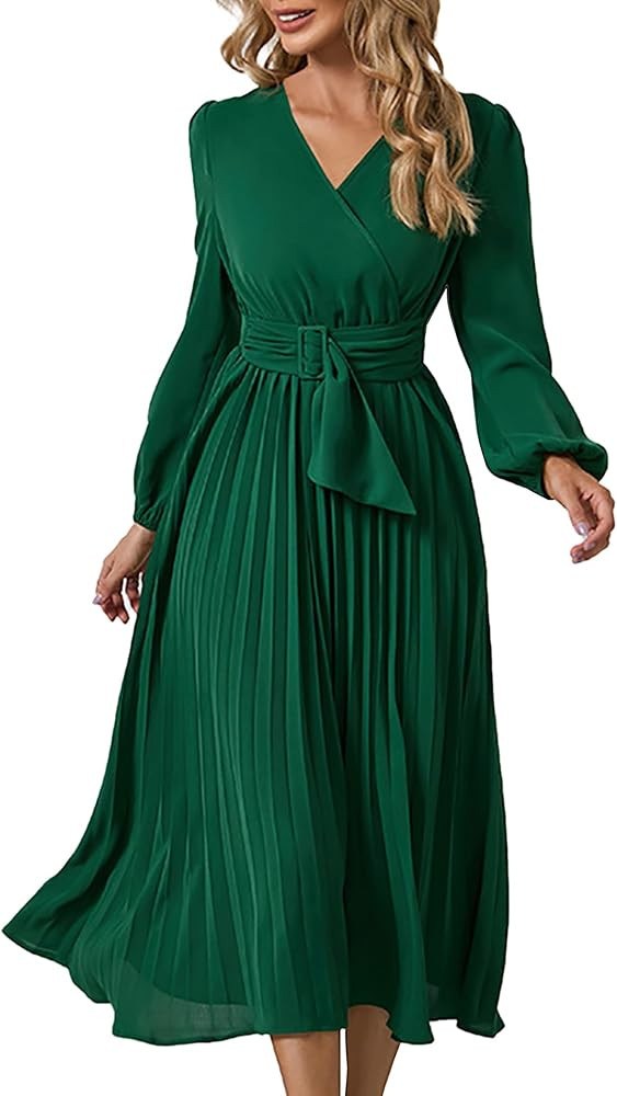 SDEER Womens Casual Midi Dress V Neck Long Sleeve Pleated High Waist Wedding Guest Dresses for Wo... | Amazon (US)